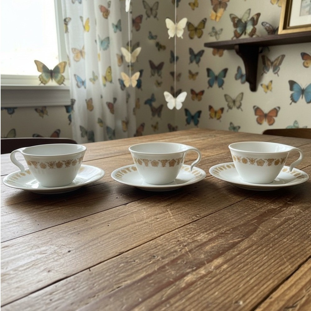 Corelle Butterfly Gold Coffee Cups & Saucers, Set of 3, Vintage Corning Glass